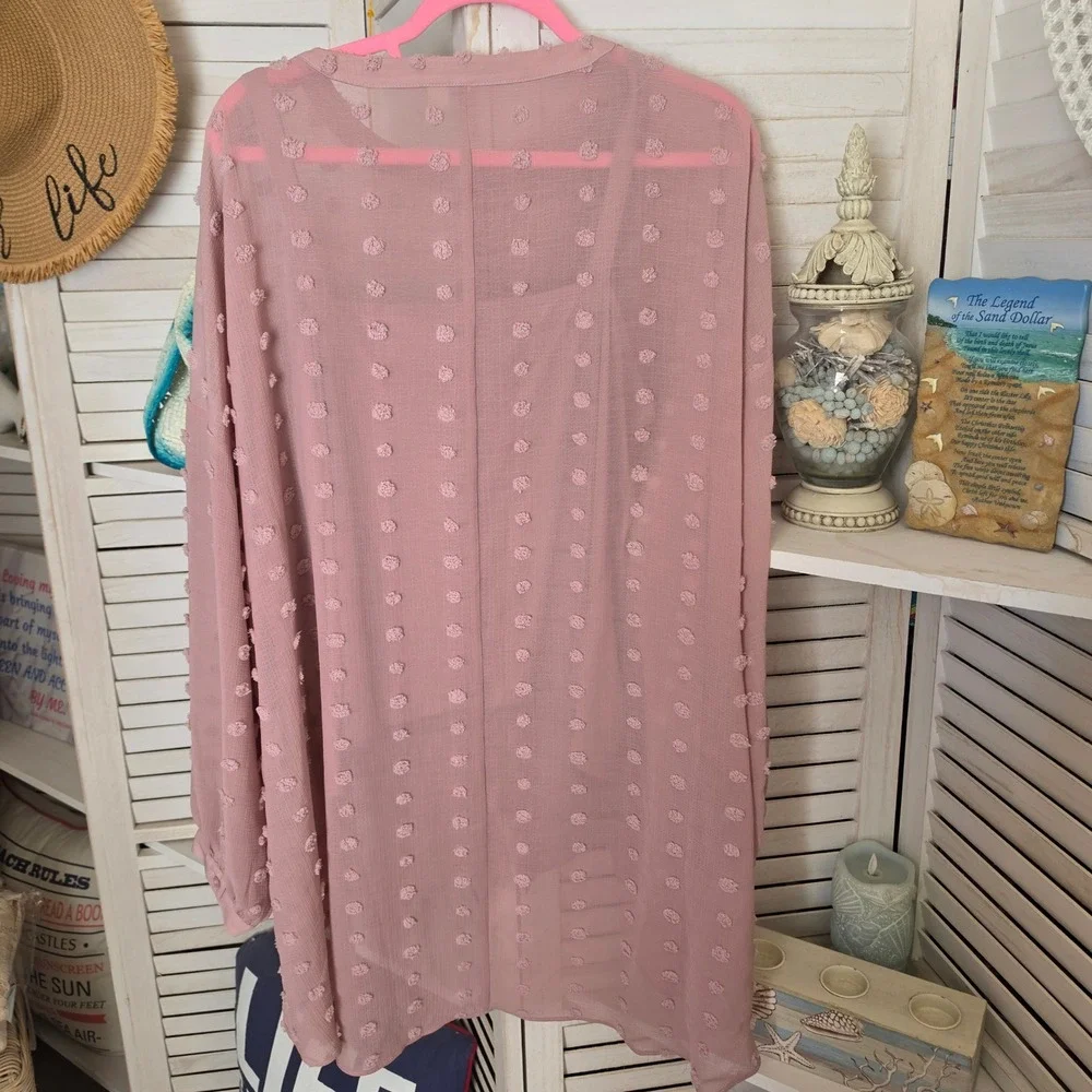Cato XL Mauve 2 Piece Set Semi Sheer Clipped Dot Button Down Tunic & Tank